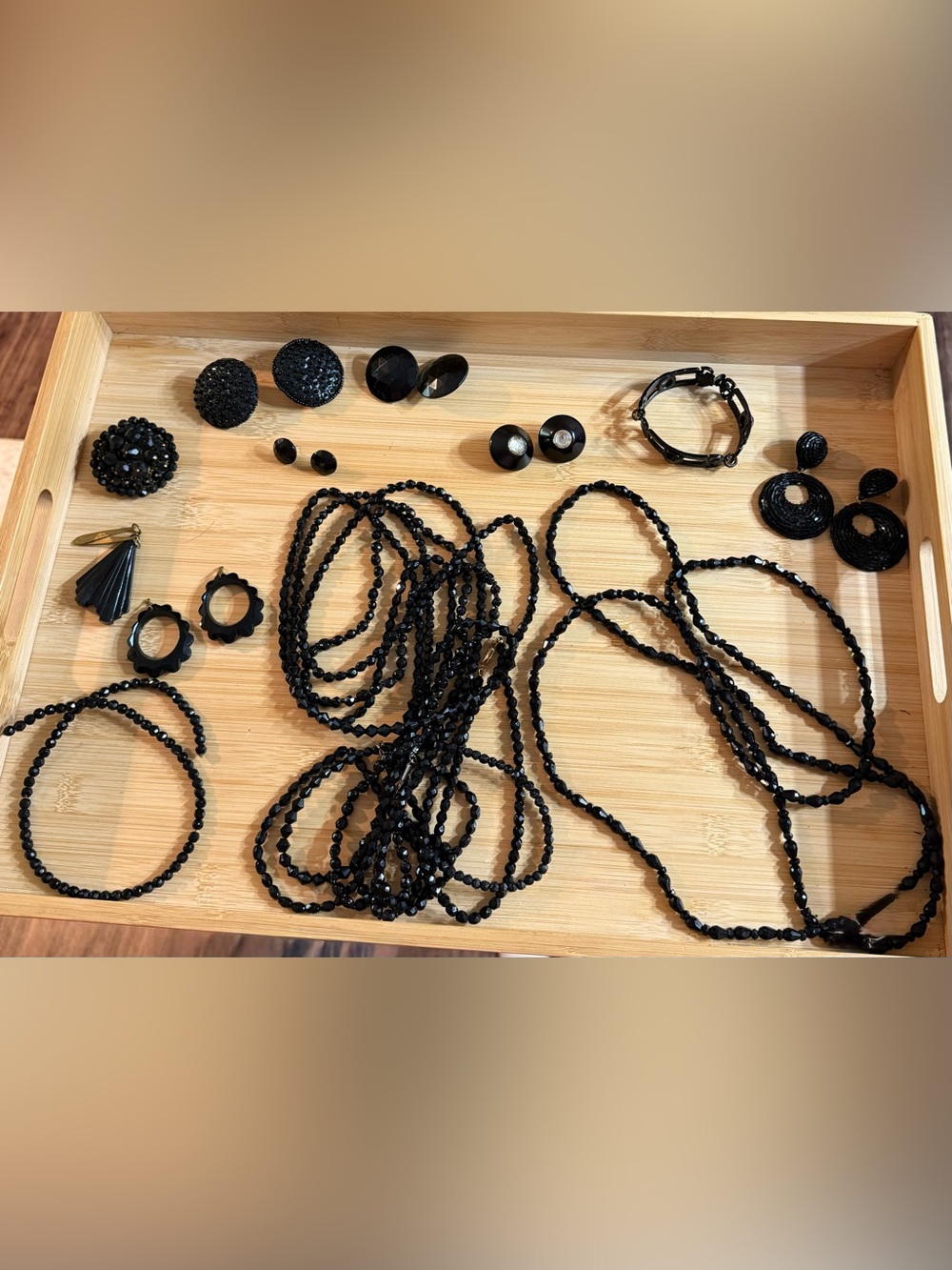 Black Beaded Jewelry Set Bundle Earrings Necklaces Bracelet Brooch Clip-Ons